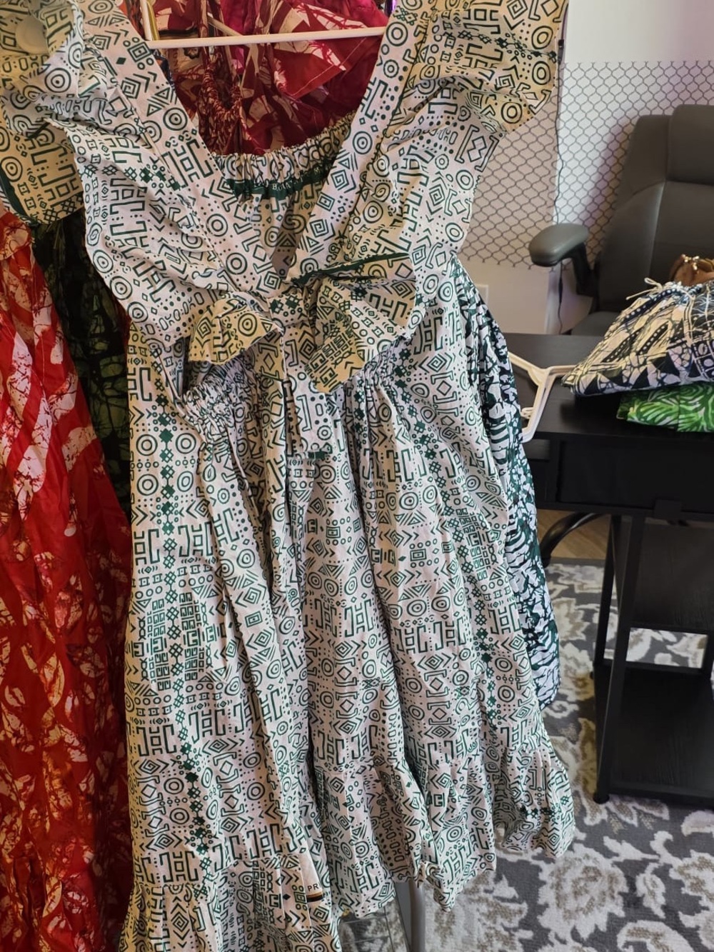 Girls Green and White Geometric Ruffle Dress
